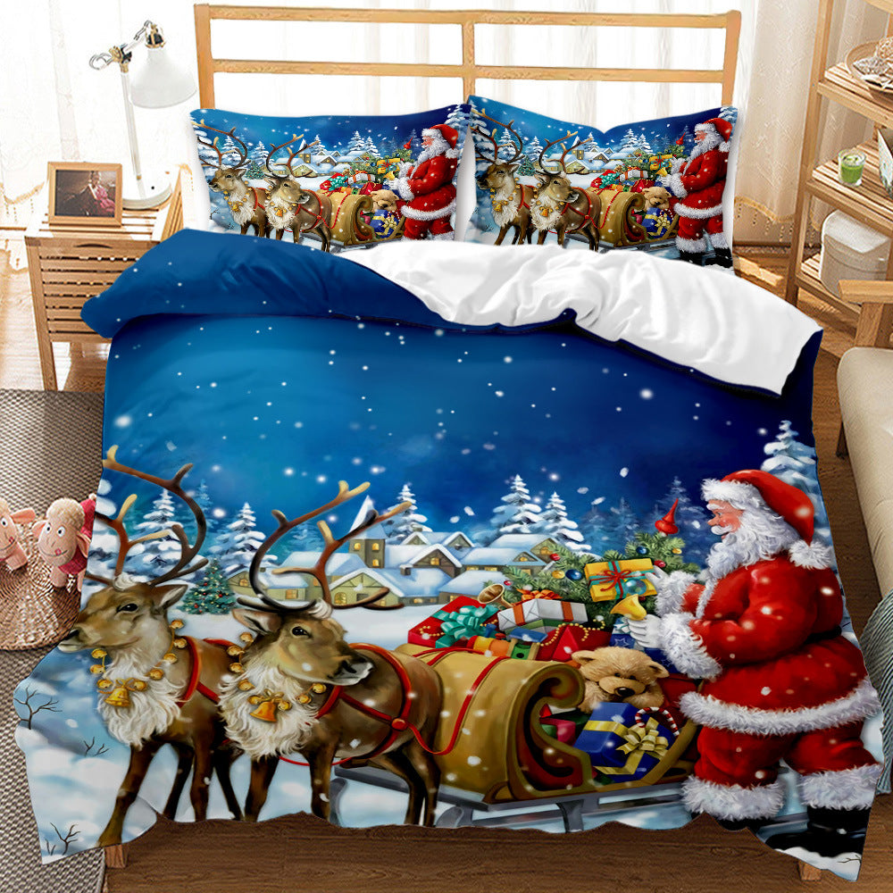 Festive bedding set featuring Santa Claus with a sleigh full of gifts, pulled by reindeer against a snowy village backdrop, enhancing a cozy holiday theme.