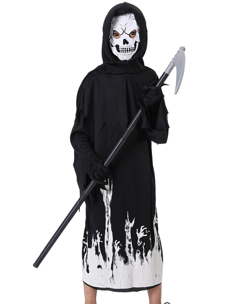Child in a Grim Reaper costume with a skull mask and black robe, holding a gray scythe. The robe's hem features white reaching hands. The costume has a hood and black gloves.