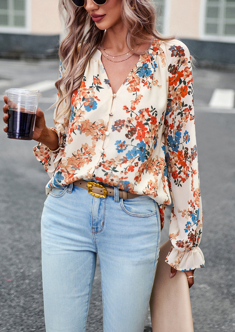 Floral V-Neck Chiffon Blouse