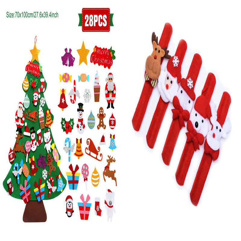 Felt Christmas tree set with 28 detachable decorations including Santas, reindeer, gifts, and snowmen. Four festive napkin holders with character designs are also shown.