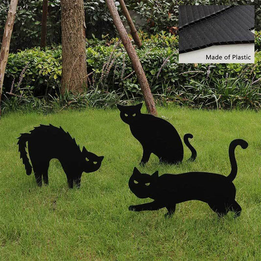 Silhouettes of three black cat cutouts on grass, two crouching and one arched, with a close-up insert showing the corrugated plastic material.