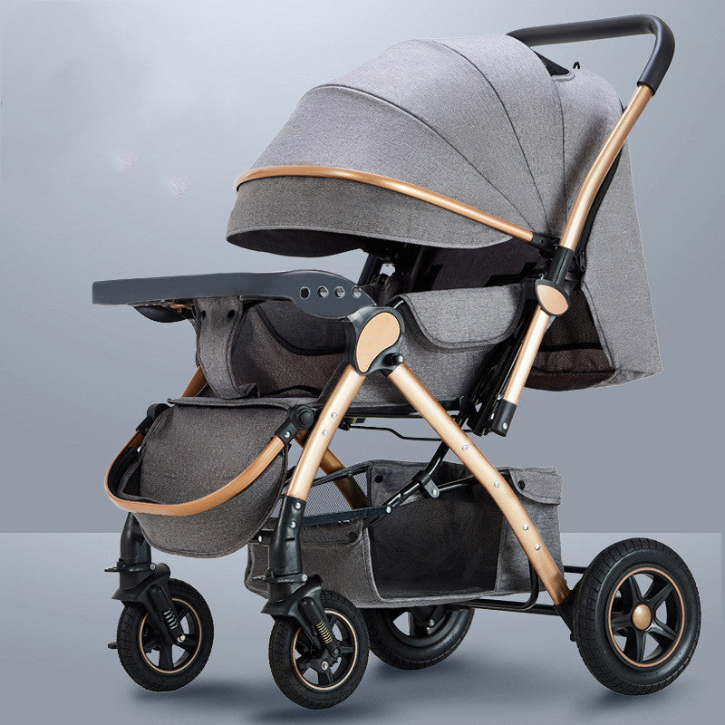 Gray and gold baby stroller with a collapsible canopy, black handlebars, and a storage basket. Features four wheels and a secure harness system, shown against a plain background.