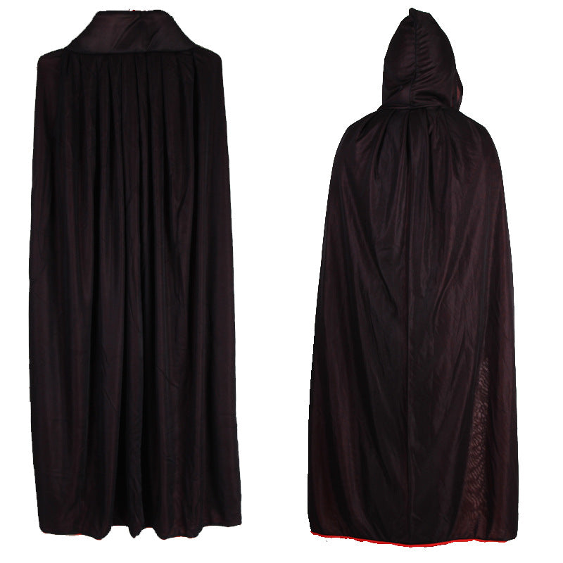 Two views of a long, dark hooded cloak. One view shows the back with a high collar, while the other displays the hood. The fabric appears smooth and drapes down.