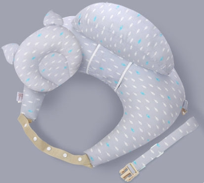 Gray ergonomic baby carrier with a soft, cushioned headrest and waist support, featuring a subtle dotted pattern with light blue accents. Includes adjustable straps and a buckle.