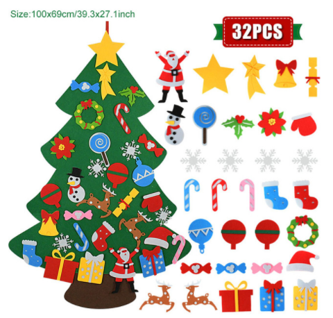 Felt Christmas tree with decorations including Santa, reindeer, snowmen, gifts, candy canes, stars, wreaths, and snowflakes. Includes 32 pieces, measures 100x69cm.