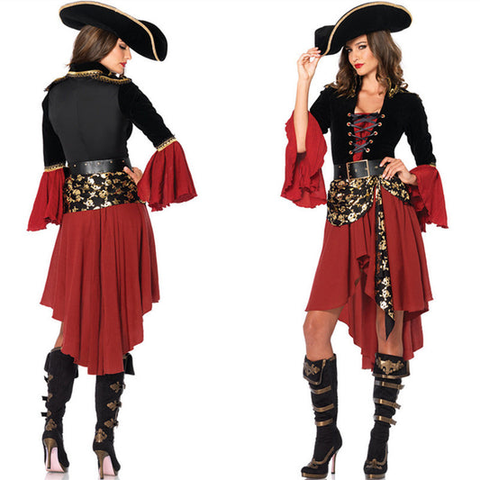 Woman wearing a pirate costume, featuring a black jacket with red ruffle sleeves, gold trim, a decorative waist sash, and a wide-brimmed hat. Shown from front and back.