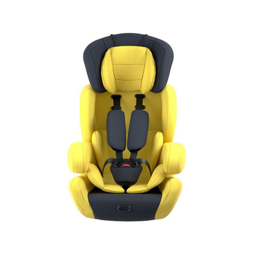 Yellow and black children's car seat with a five-point harness and high backrest, designed for safety and comfort.