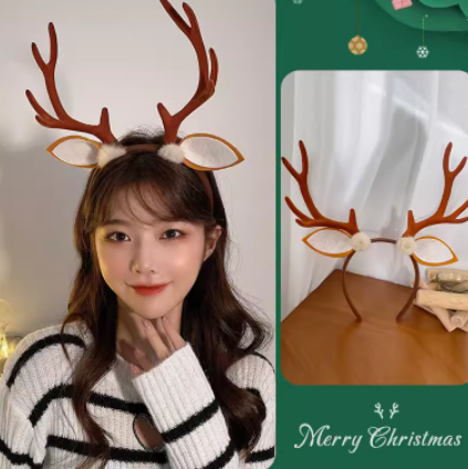 Woman in a striped sweater wearing reindeer antler headband smiles against a festive background. A second image shows two antler headbands on a table with "Merry Christmas" text.