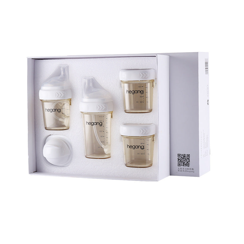 Box set featuring five clear containers with white lids labeled "hegang." Includes three bottles with spouts and two jars, displayed in white packaging with a QR code.