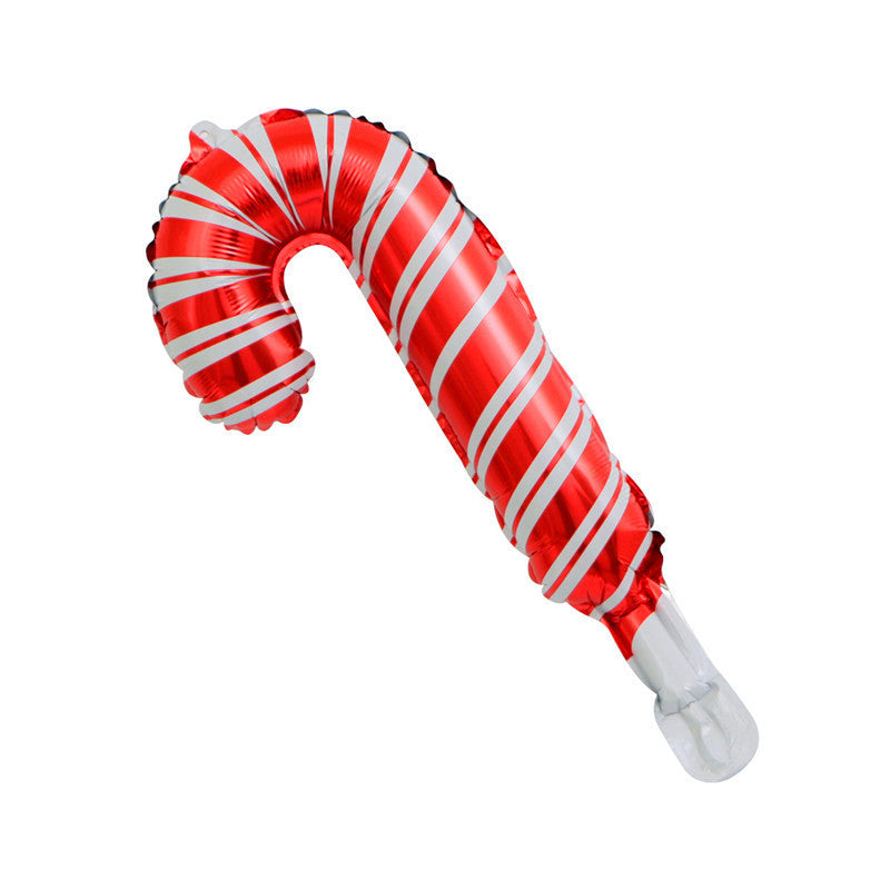 A candy cane-shaped balloon with red and white diagonal stripes against a plain white background.