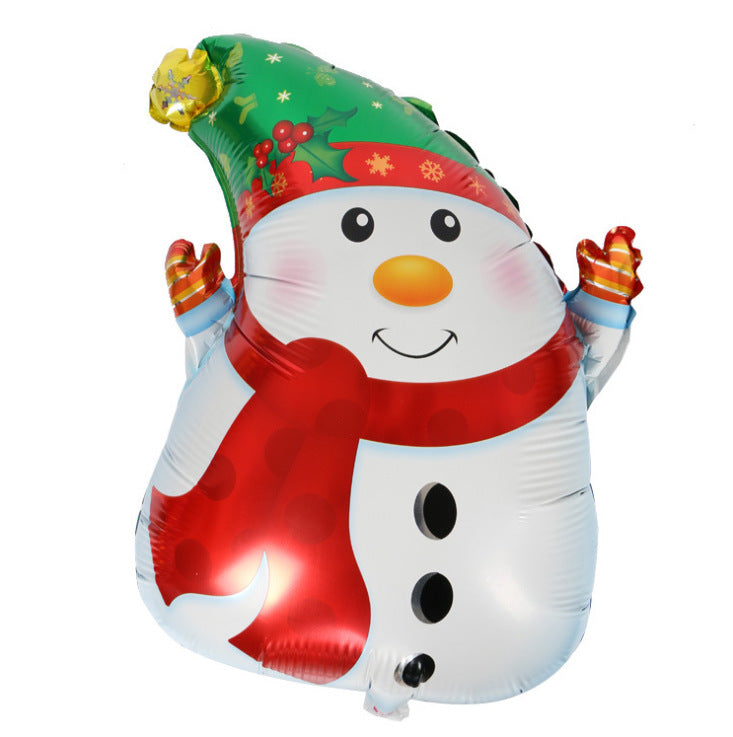 Festive snowman balloon with a green hat, red scarf, and orange gloves, smiling warmly. Decorated with snowflakes and holly, conveying a cheerful holiday theme.