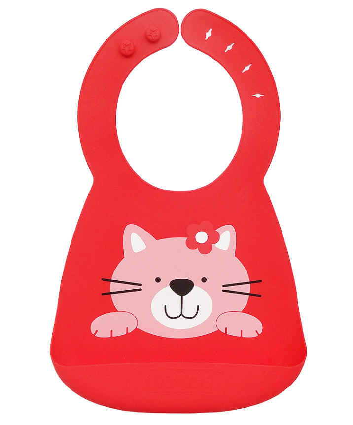 Red silicone baby bib with a cute pink cat illustration featuring a flower on its head. The bib has adjustable fasteners and a crumb catcher at the bottom.