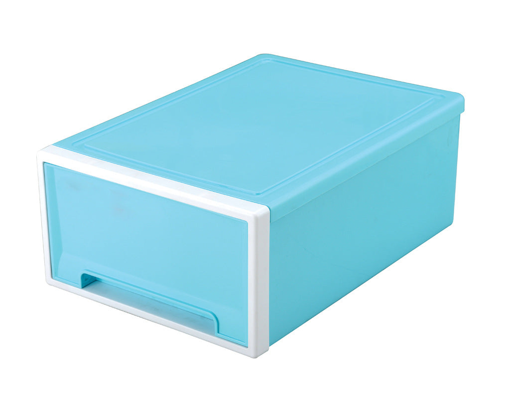 A blue plastic storage box with a white-rimmed front drawer, designed for organization, featuring a sleek and minimalistic design ideal for home or office use.