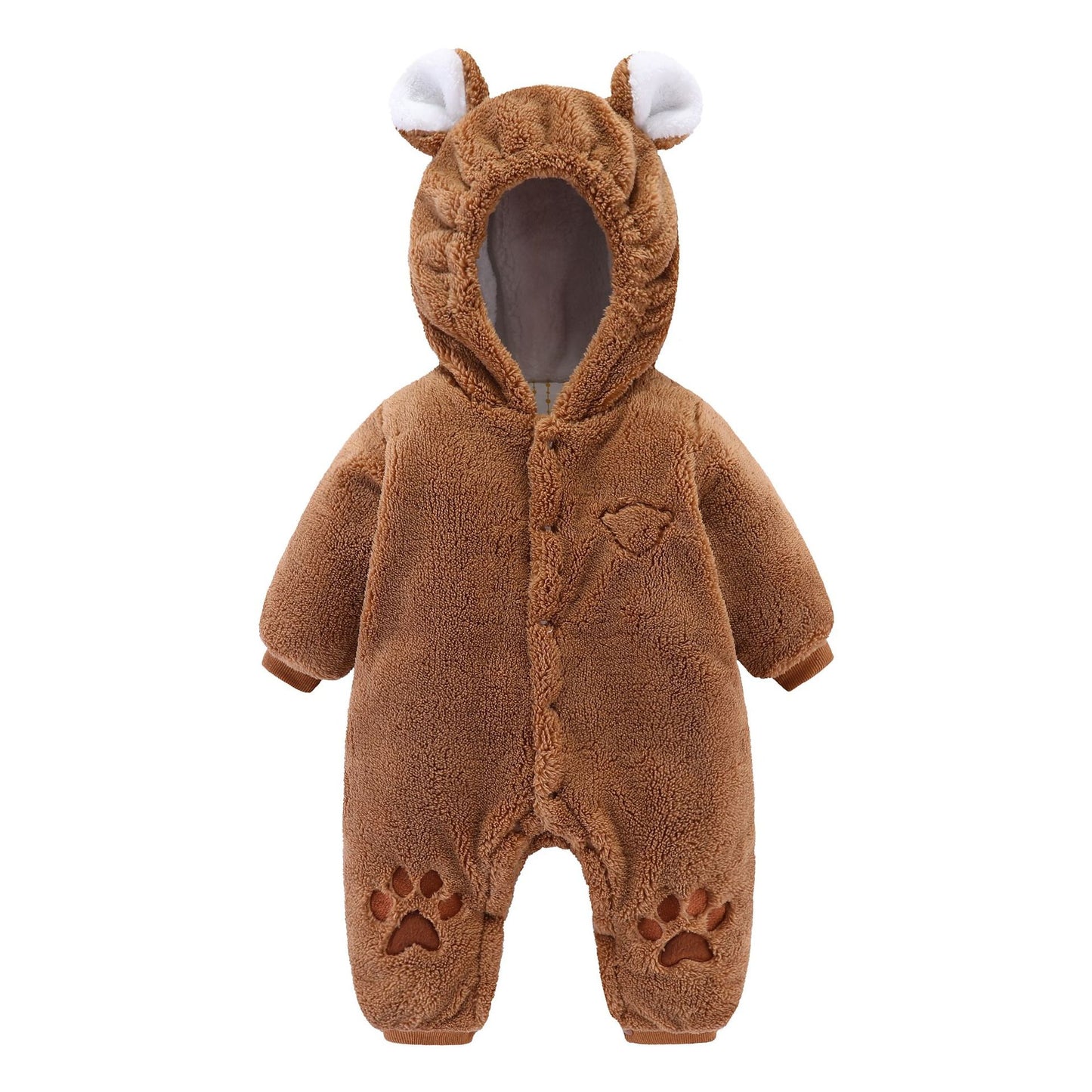 Brown teddy bear-themed baby onesie with a hood featuring white ears and paw prints on the legs. The fluffy fabric is designed to resemble a bear’s fur.