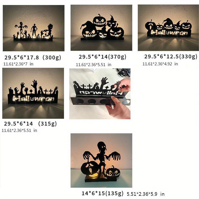Five Halloween-themed candle holders featuring silhouettes of zombies, pumpkins, and hands. The image includes dimensions and weights. One image shows a hand assembling a holder.