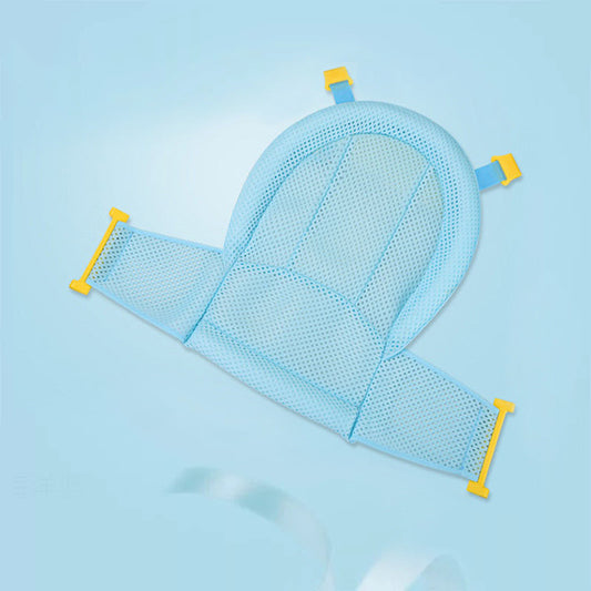 Blue mesh chiropractic head rest with yellow clips against a light blue background. The design is ergonomic, with adjustable side panels for securing the head in place.