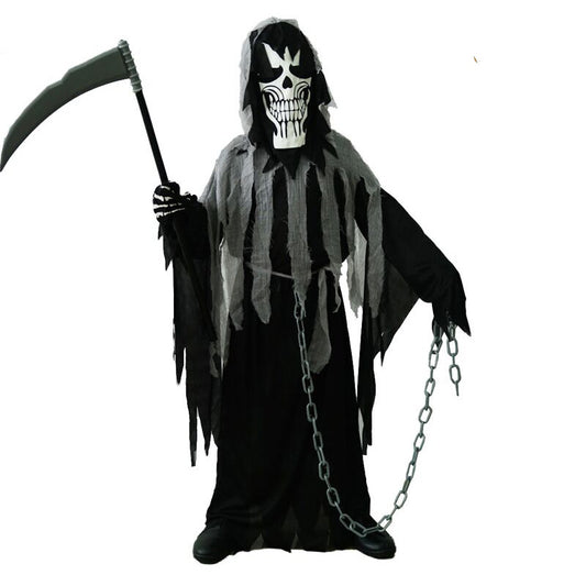 A person in a hooded Grim Reaper costume holds a scythe and chain. The outfit is black with tattered gray accents, featuring a skeleton mask with a menacing grin.