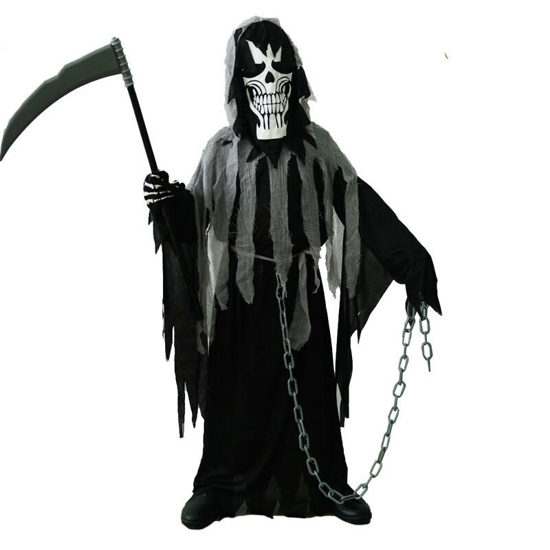 Person wearing a spooky grim reaper costume with a skull mask, black robe, and tattered gray fabric. Holding a scythe and chain, standing against a plain white background.