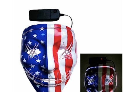 LED mask with American flag design, featuring blue and white stars on one side and red and white stripes on the other, plus a battery pack. Inset shows mask illuminated.