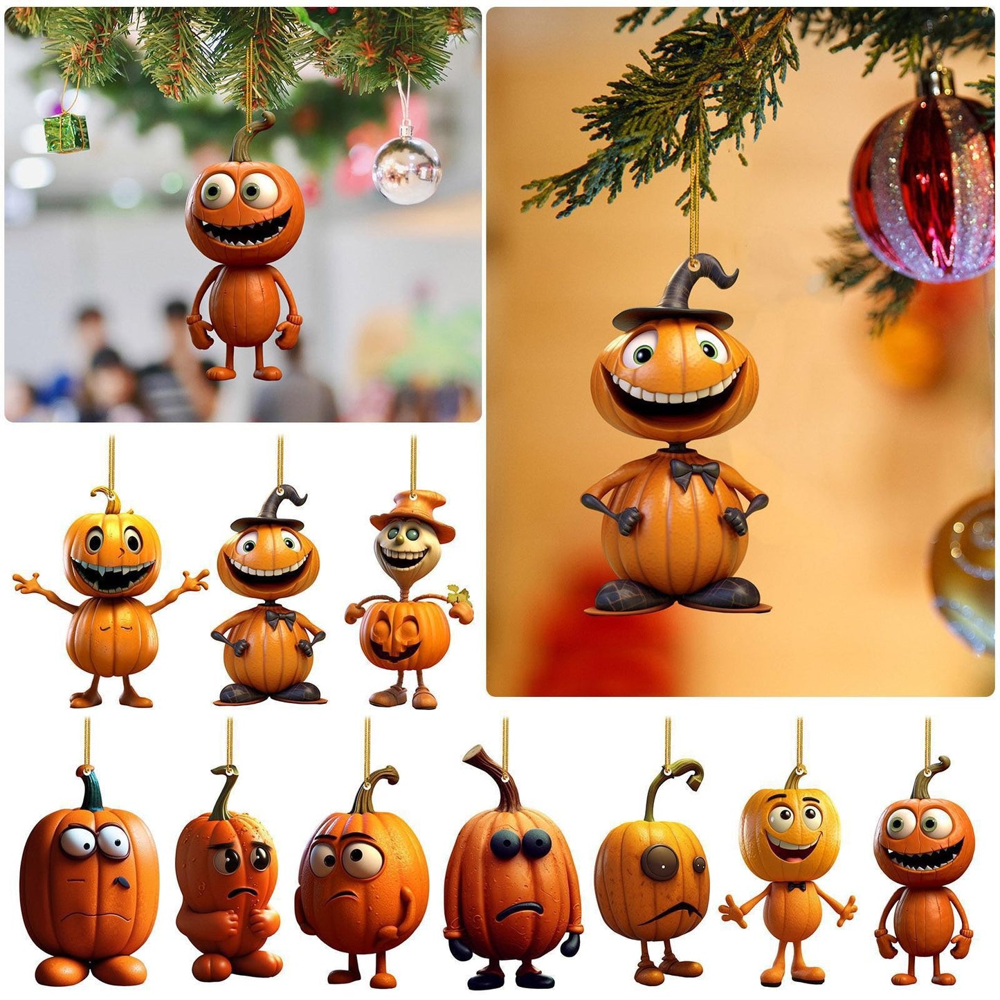 Various cartoonish pumpkin ornaments with different expressions hang on a Christmas tree. They have quirky faces, wearing hats and festive attire, surrounded by shiny baubles.