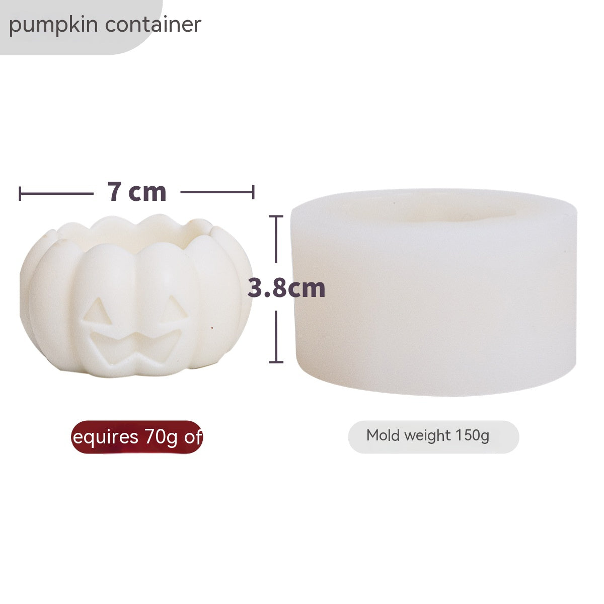 White silicone mold for a pumpkin-shaped container with jack-o'-lantern face. Dimensions: 7 cm diameter, 3.8 cm height. Requires 70g material, mold weight is 150g.