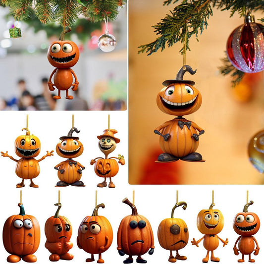 Cartoonish pumpkin ornaments with various expressions hang from a Christmas tree. The playful designs include smiling, worried, and goofy faces, each uniquely decorated.