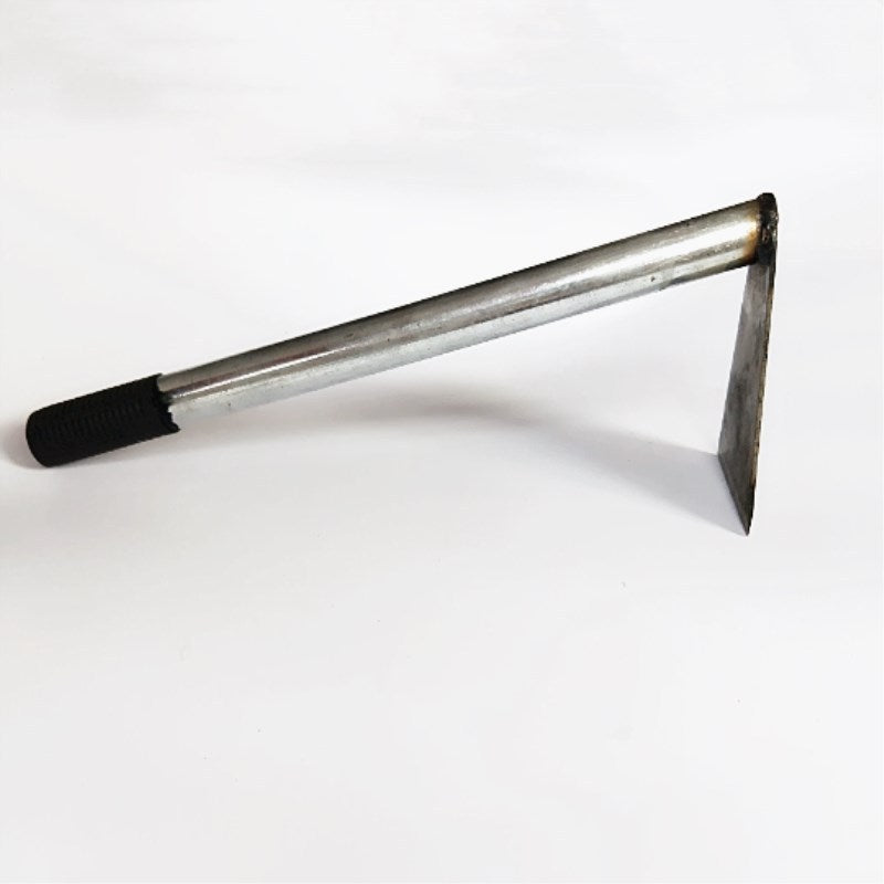 A metal hoe with a cylindrical handle featuring a rubber grip on one end. The blade is flat and angled, resting on a white surface.