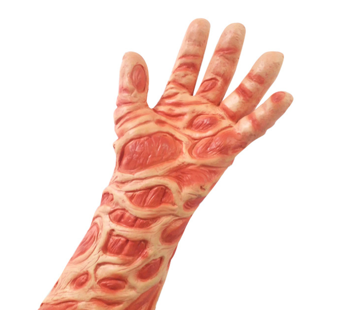 A realistic mask of an arm and hand with flesh-like layers exposed, showing intricate red muscle patterns, resembling skinless anatomy for a horror or medical theme.