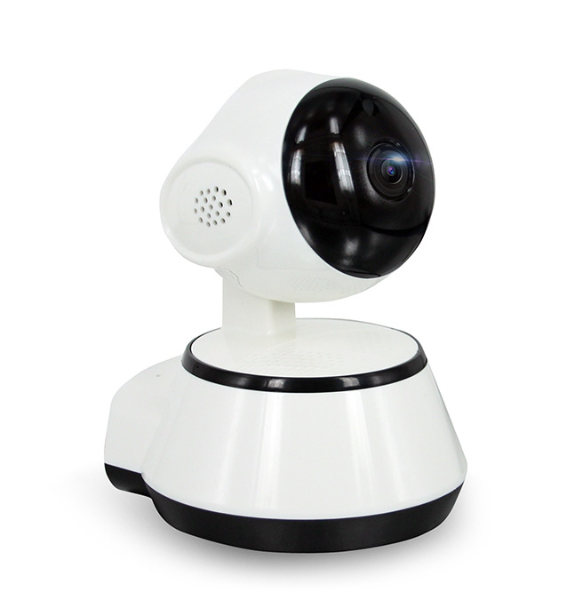 A white and black security camera with a rounded base and dome-shaped lens, designed for indoor surveillance; the camera is positioned at an angle showing its curved features.
