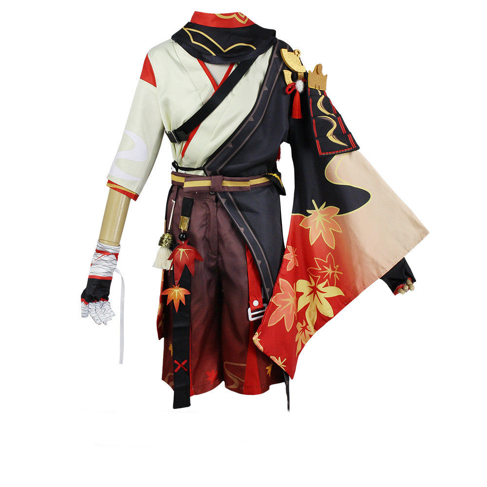 Detailed anime-style costume featuring autumn maple leaf patterns, with a mix of red, black, and cream colors, gold accents, and intricate details on the back.