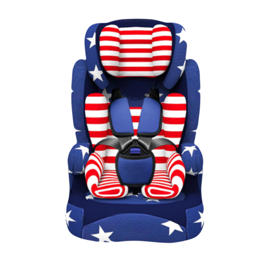 Child car seat with American flag design, featuring red and white stripes and white stars on a blue background. Includes padded headrest, harness, and armrests for safety and comfort.