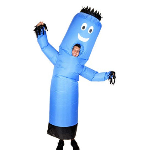 Person wearing a blue inflatable tube man costume with a smiling face and waving arms, featuring black fringe at the top and on the hands, standing on a white background.