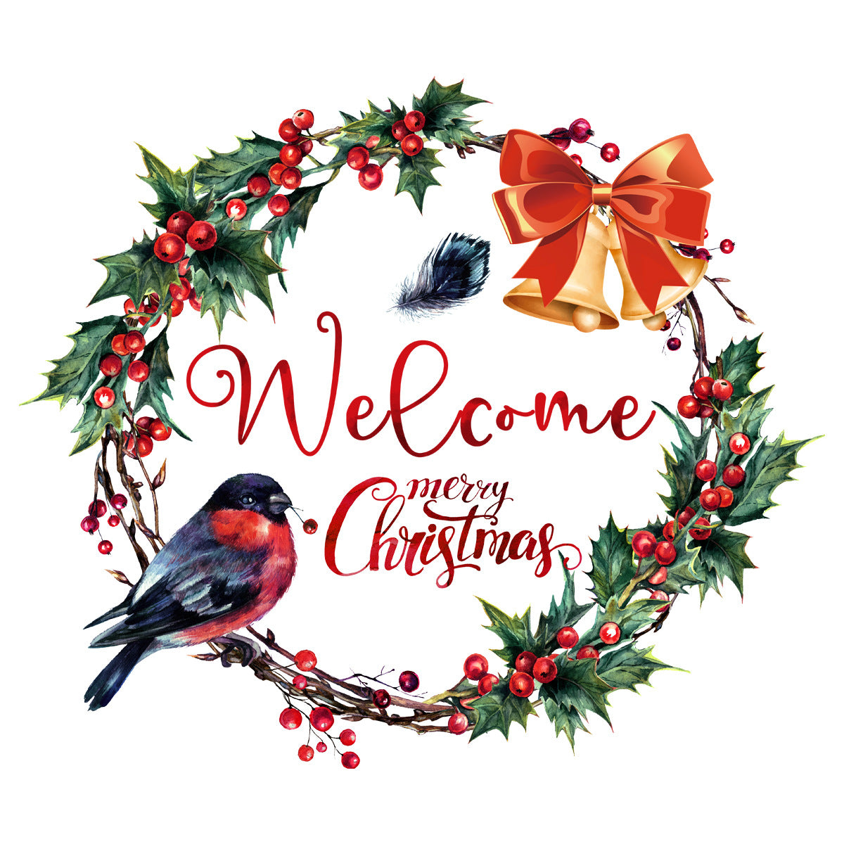 Festive wreath with holly leaves, red berries, a bird, gold bells, and a red bow. Text reads "Welcome" and "Merry Christmas" in red calligraphy.