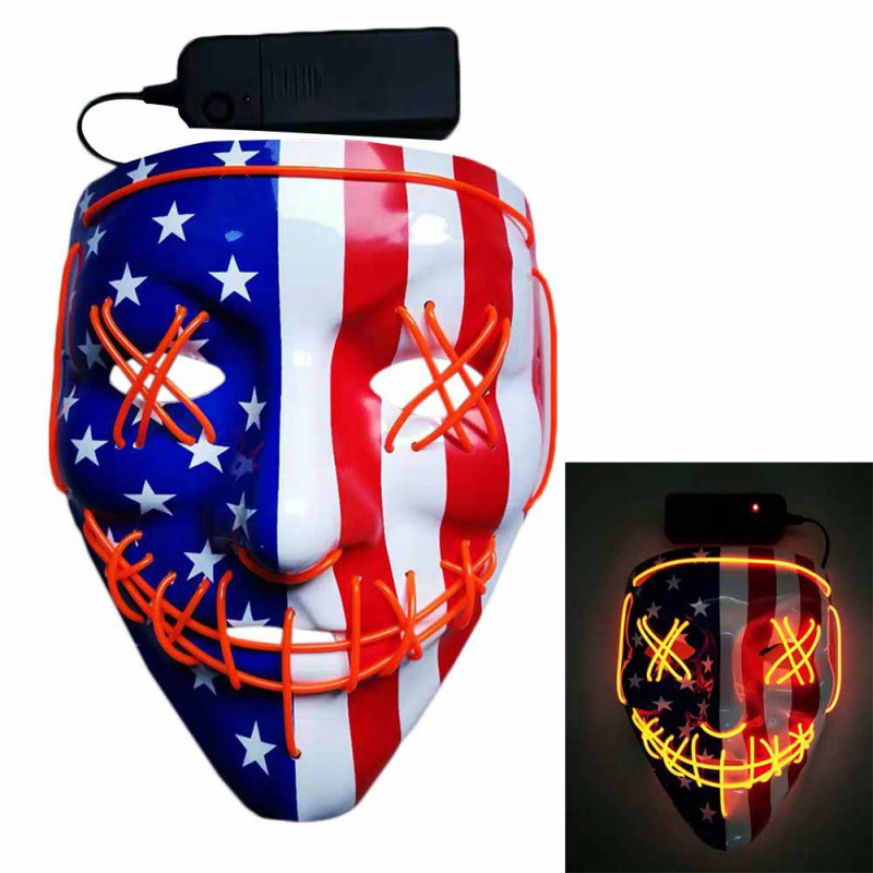 Mask with the American flag design, featuring orange LED lights in X shapes over the eyes and mouth. Includes a battery pack on top, illuminated in a dark inset.