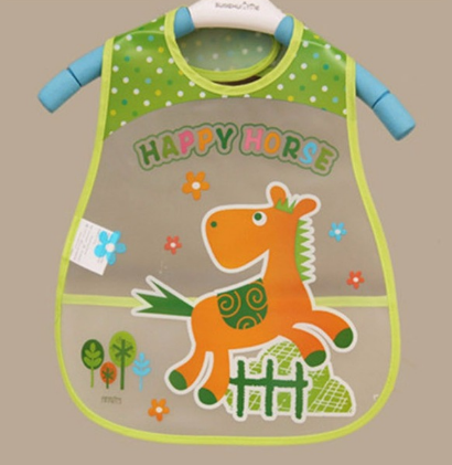 Colorful child's bib with "Happy Horse" text, featuring a cartoon horse and vibrant design elements like flowers and trees. Green trim with polka dots on top.