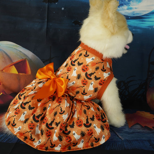 Fluffy dog wears an orange Halloween dress with ghosts, bats, and pumpkins, sitting by a jack-o'-lantern under a moonlit sky.