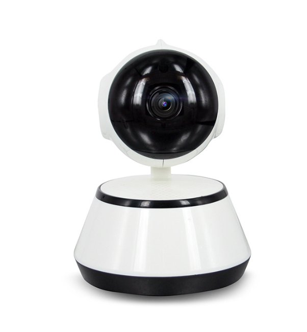 White and black surveillance camera with a round lens, mounted on a conical base. The camera has a sleek, modern design, suitable for indoor security monitoring.