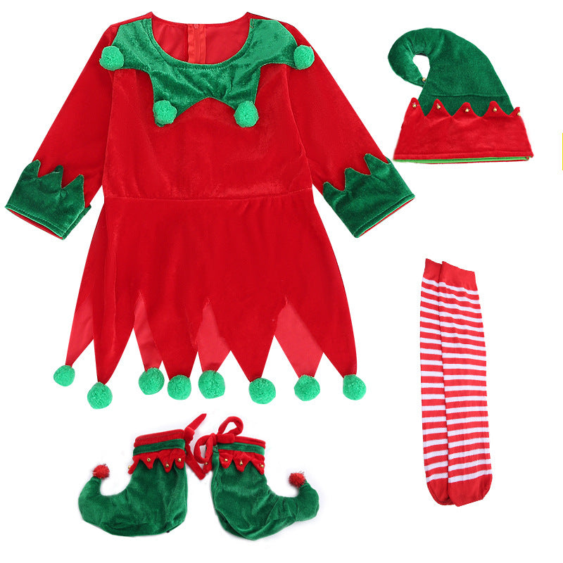Red and green elf costume set including a pointed dress with pom-poms, matching hat, striped socks, and curled-toe shoes, designed for festive occasions.