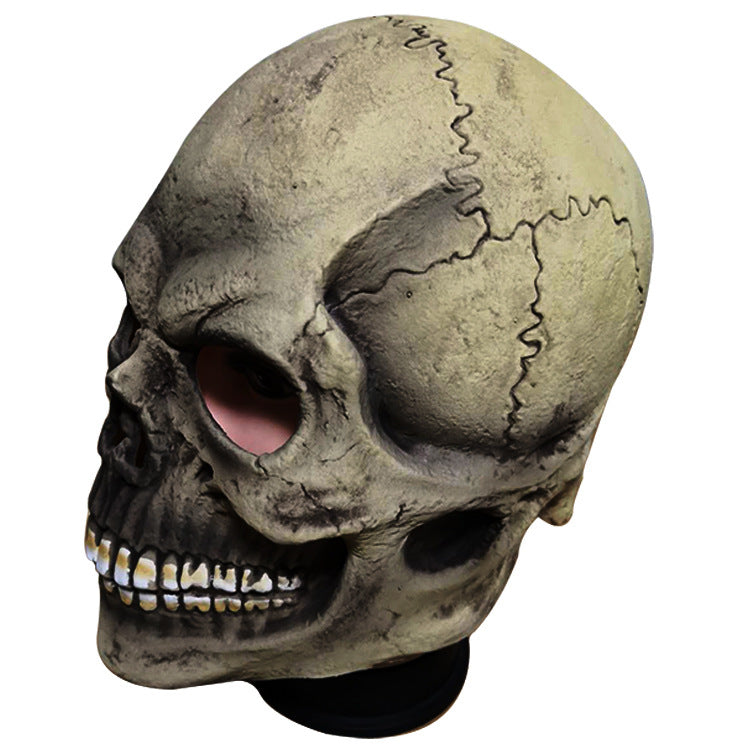 Realistic, weathered skull mask with visible cracks and textured surface. The eye sockets are hollow, and the mouth displays a set of detailed teeth. Pale, earthy tones dominate.