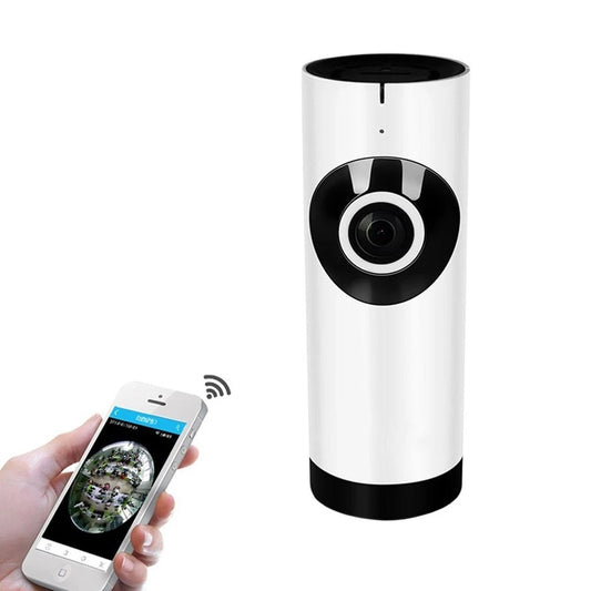 A cylindrical security camera with a black lens is wirelessly connected to a smartphone, which displays a live feed of the surroundings.