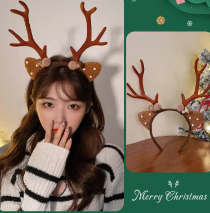 Woman wearing a reindeer antler headband poses with hand near face. Separate image shows the headband alone. Green background with "Merry Christmas" text and festive decorations.