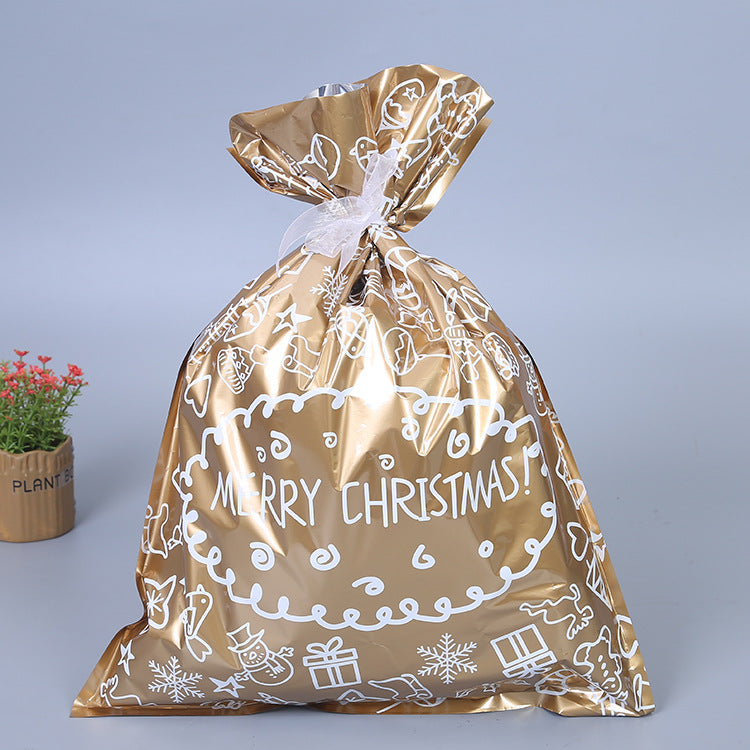 A gold gift bag with white Christmas-themed illustrations and "Merry Christmas!" text. It's tied at the top with a white ribbon. A small potted plant is visible in the background.