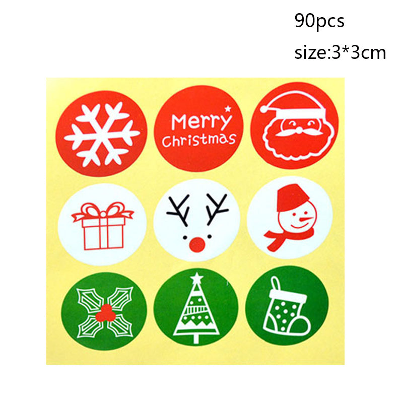 Nine circular Christmas stickers with festive designs: snowflake, "Merry Christmas," Santa, gift, reindeer, snowman, holly, tree, and stocking. Sticker size 3x3 cm, 90 pieces total.
