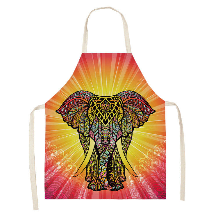 Colorful apron featuring an intricately patterned elephant head with vibrant colors, set against a radiant background of yellow, orange, and red hues.