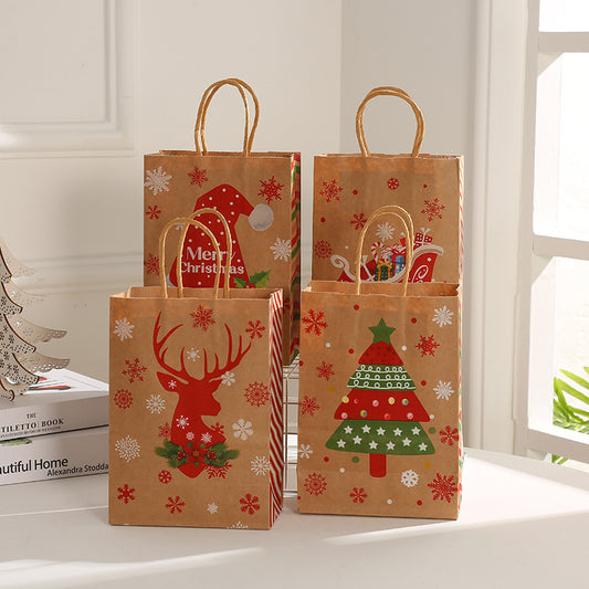 Four festive Christmas gift bags stand on a table, decorated with designs of a reindeer, Christmas tree, and Santa hat. Each bag features colorful patterns and snowflakes.