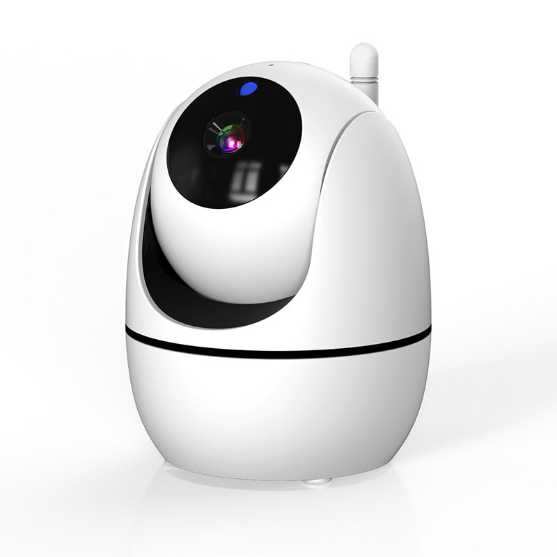 A sleek white dome-shaped security camera with a black lens area and a small antenna on top, set against a plain white background.
