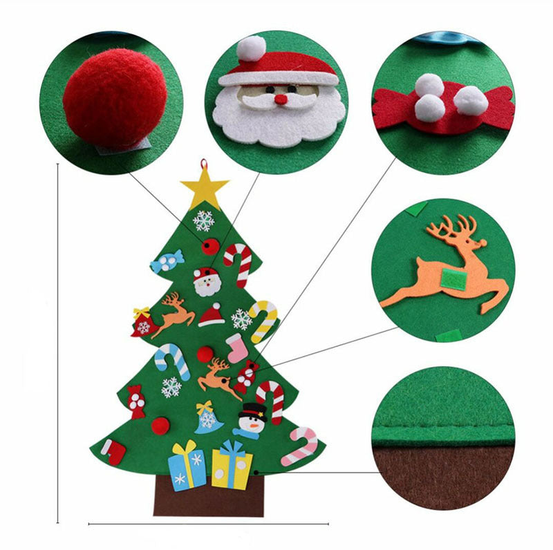 Felt Christmas tree with decorations including Santa, reindeer, and gifts. Zoomed-in insets show details of ornaments like a red ball, Santa face, and reindeer silhouette.