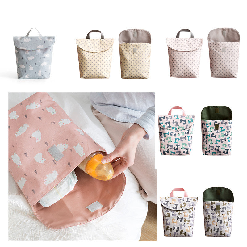 A collection of colorful insulated baby bottle bags with various patterns, including animals and stars. One image shows a hand placing a bottle and diaper inside a bag.