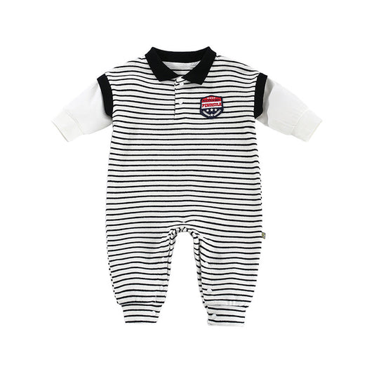 Black and white striped baby romper with a black collar and white sleeves. Features a small embroidered patch on the chest and ribbed cuffs at the ankles.