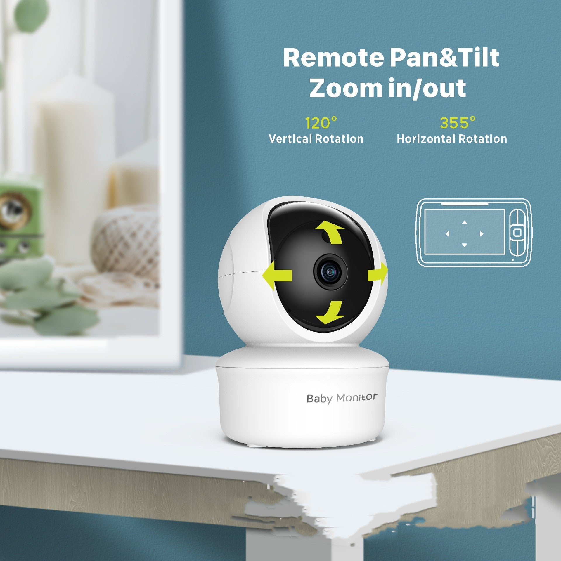White baby monitor camera with remote pan, tilt, and zoom features on a table. It offers 120° vertical and 355° horizontal rotation, set against a blue wall background.